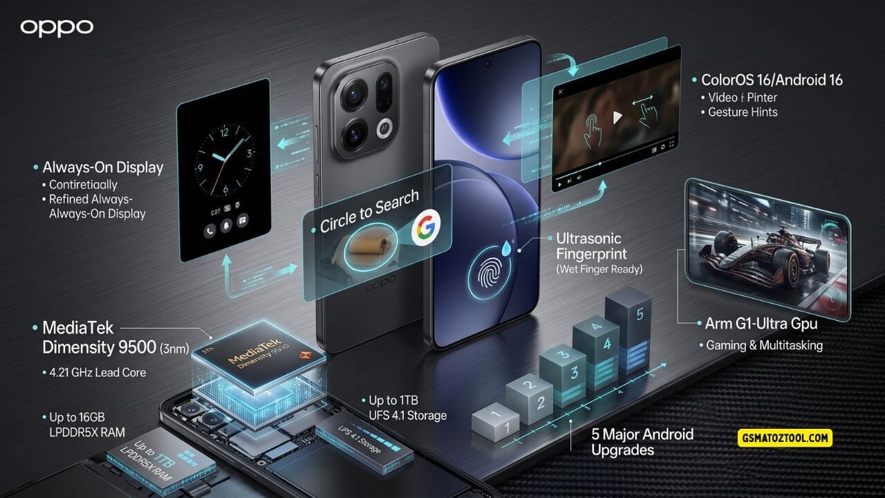 Oppo find x9 infographic showing mediatek dimensity 9500 chipset 16gb ram 1tb ufs 4. 1 storage arm g1-ultra gpu ultrasonic fingerprint sensor circle to search always-on display and coloros 16 on android 16 with 5 major android upgrades