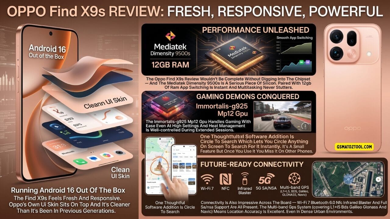 Oppo find x9s review showing software interface and performance benchmarks on android 16 with mediatek dimensity 9500s chipset