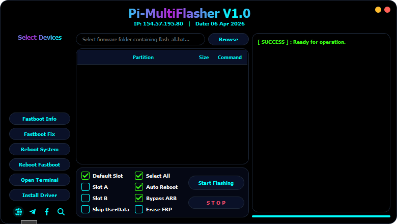 The pi multi flasher tool displaying firmware flashing and device management options.