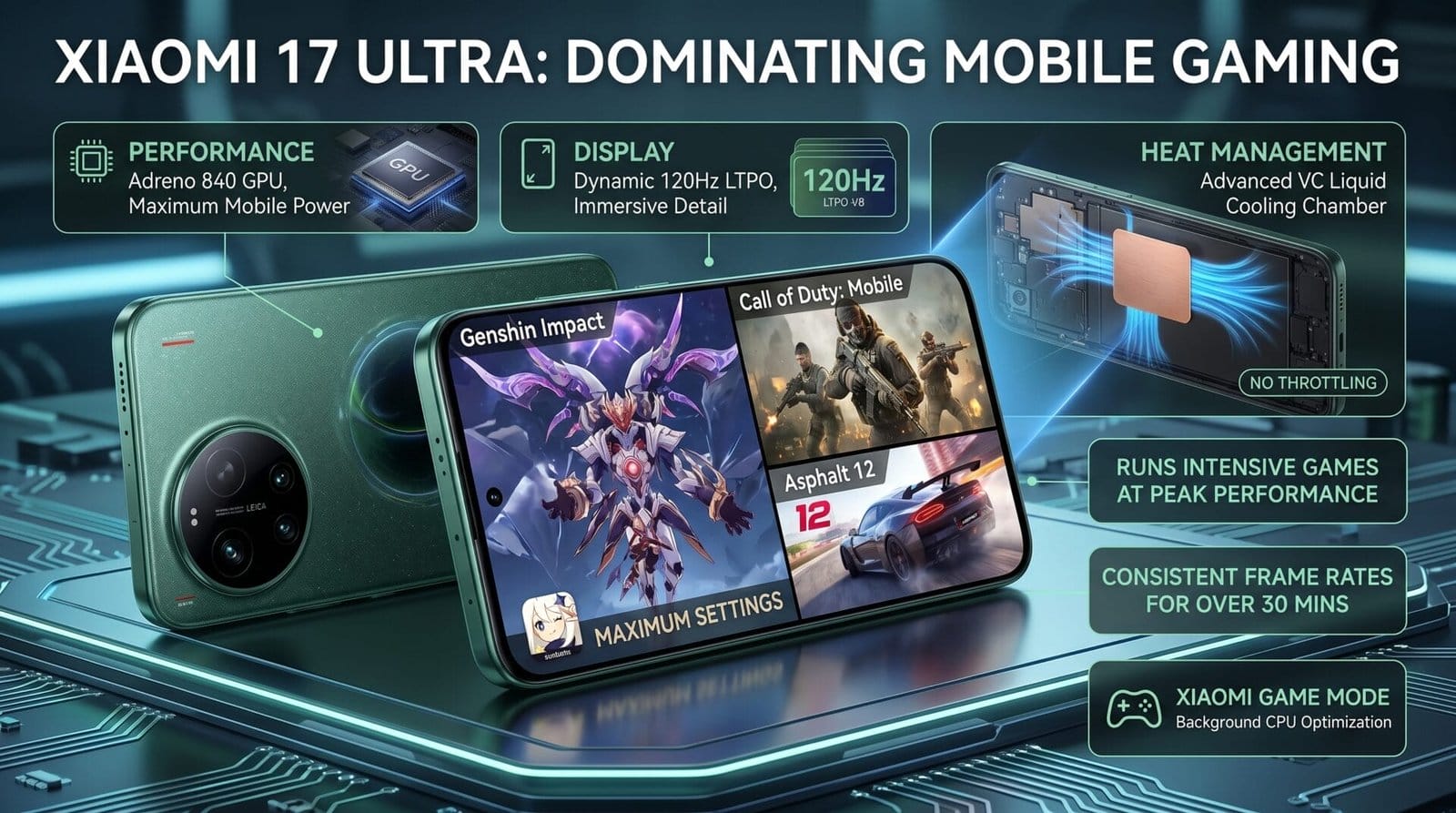 Xiaomi 17 ultra review – mobile gaming infographic showing adreno 840 gpu maximum mobile power 120hz ltpo dynamic display genshin impact call of duty mobile asphalt 12 at maximum settings advanced vc liquid cooling chamber no throttling consistent frame rates over 30 minutes and xiaomi game mode background cpu optimization