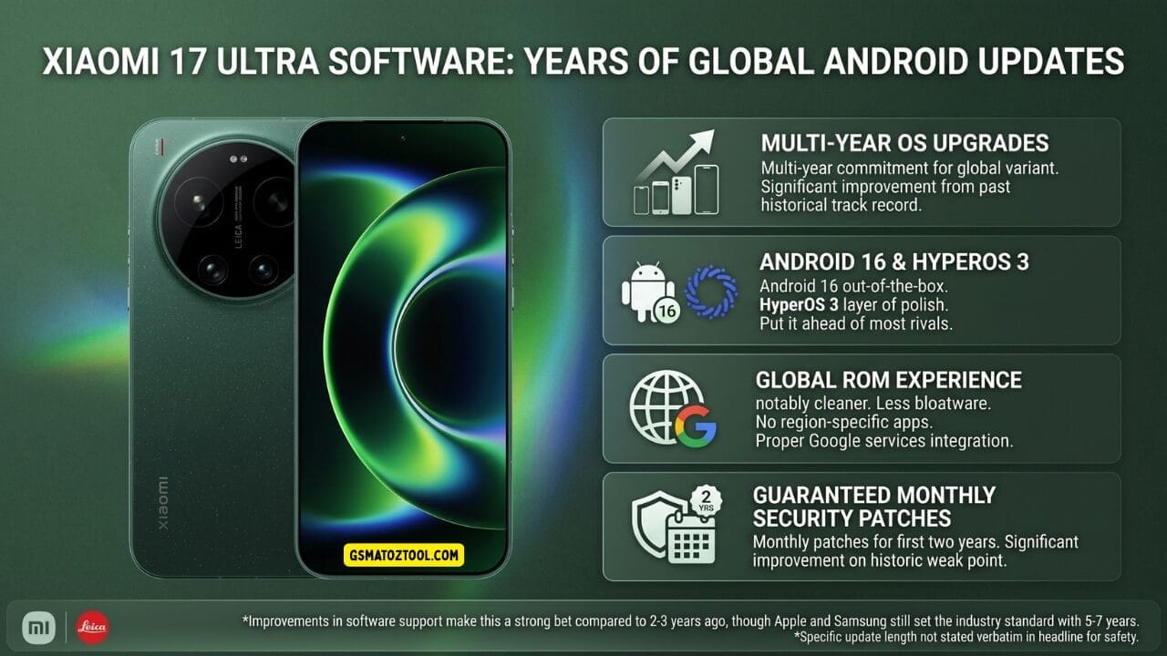 Xiaomi 17 ultra review – software years of global android updates infographic showing multi-year os upgrades android 16 hyperos 3 global rom less bloatware proper google services and guaranteed monthly security patches for two years