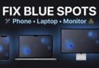 A dark-themed graphic showing blue spots appearing on the screens of three devices — a smartphone a laptop and a desktop monitor — with the heading "fix blue spots" and subtext listing phone laptop and monitor.