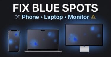 A dark-themed graphic showing blue spots appearing on the screens of three devices — a smartphone a laptop and a desktop monitor — with the heading "fix blue spots" and subtext listing phone laptop and monitor.