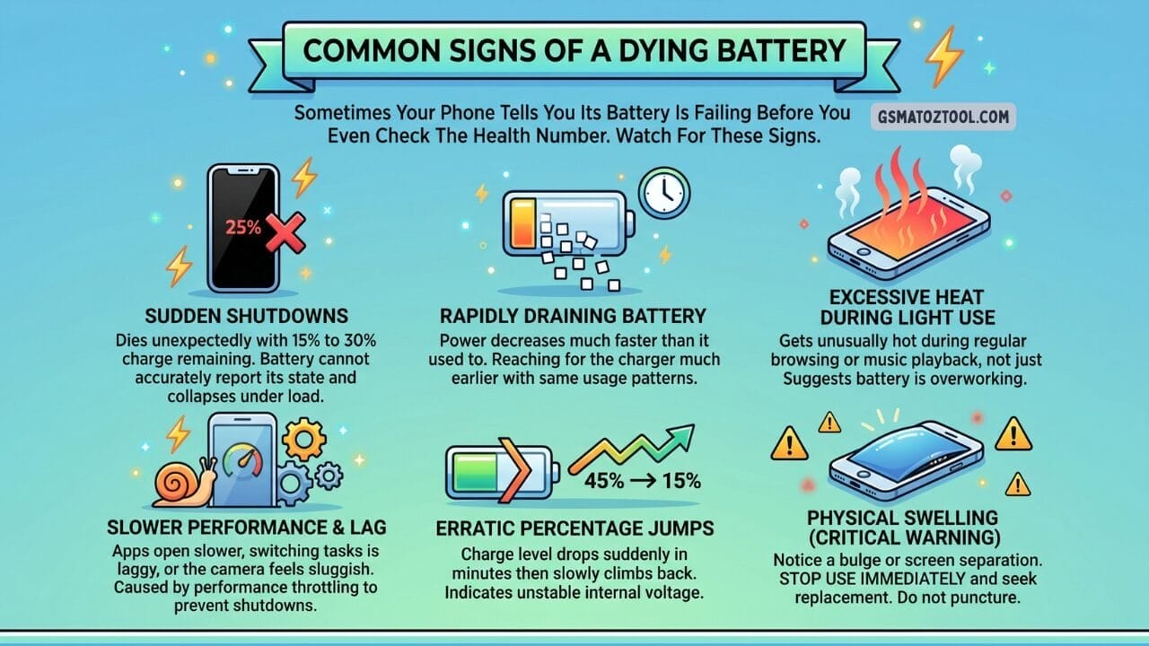 Common signs of a dying phone battery — six warning signs including sudden shutdowns at 25% rapidly draining battery excessive heat slower performance erratic percentage jumps and physical swelling