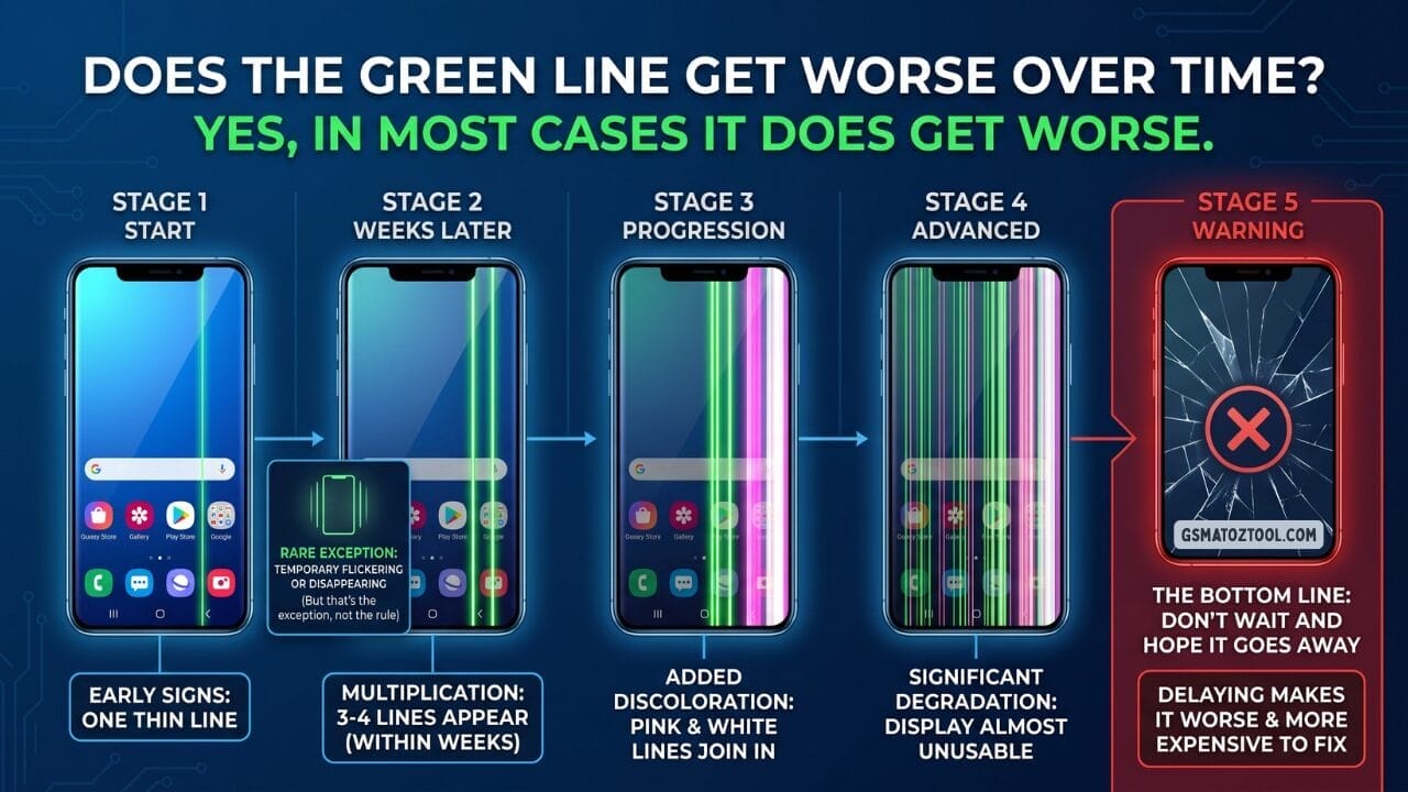 Green line on phone screen progression stages — from one thin line to full display failure