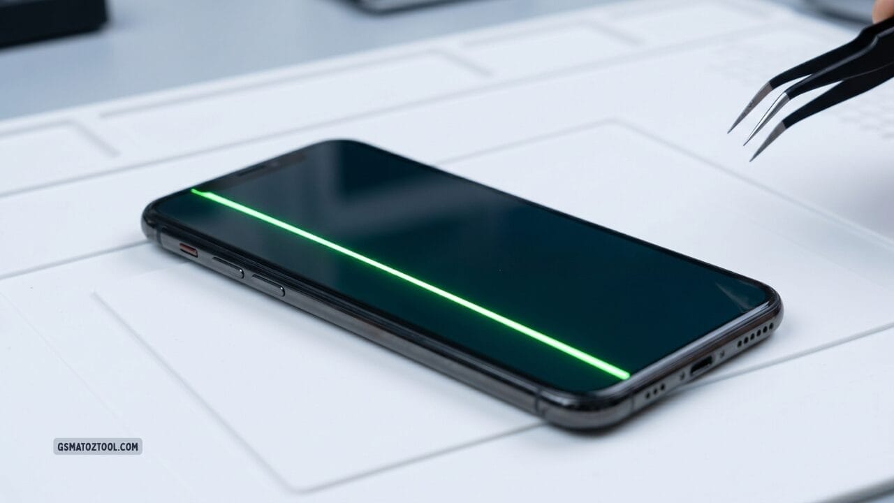 Close-up of green line on iphone screen at a repair shop with tweezers visible