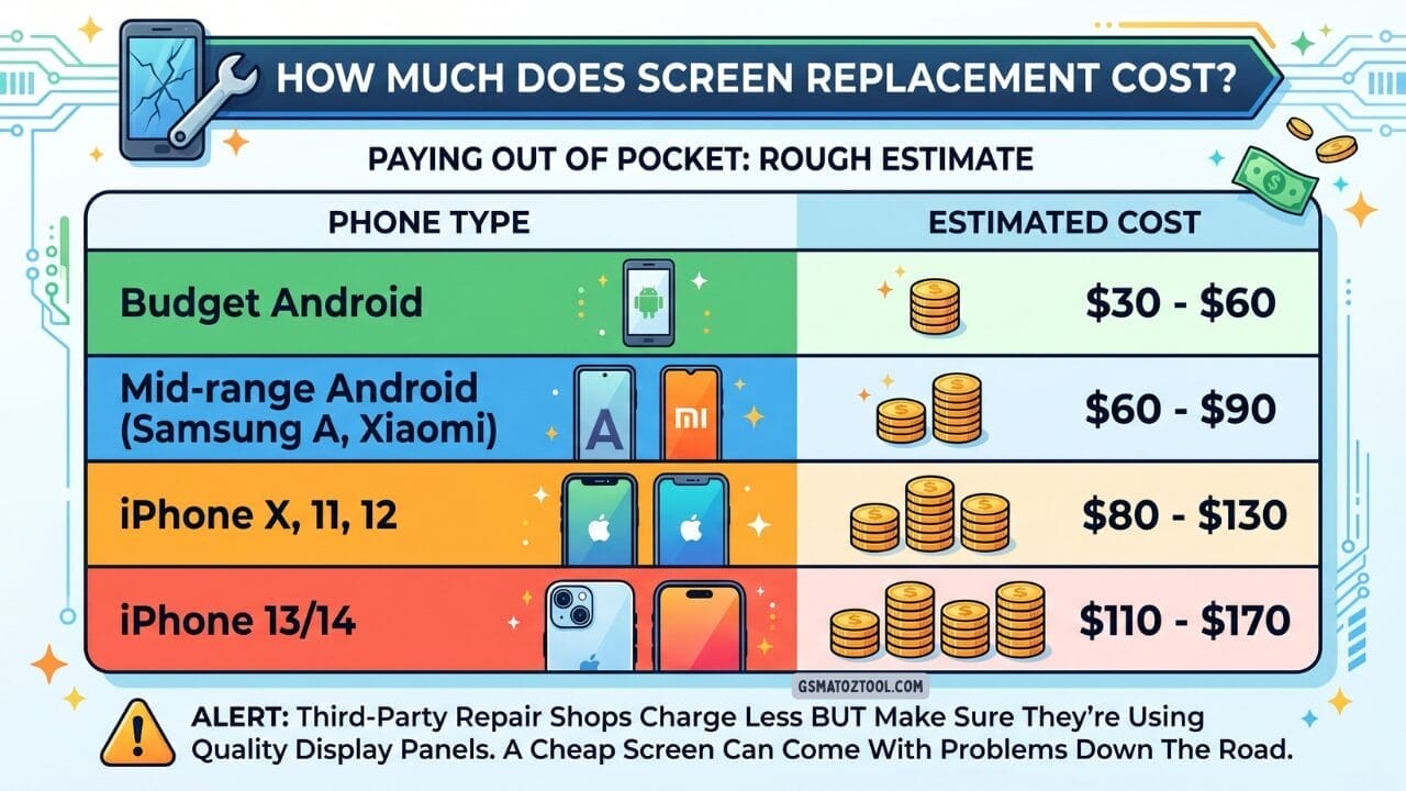 Phone screen replacement cost chart showing prices from $30 to $170 for budget android samsung a-series iphone x 11 12 and iphone 13 14