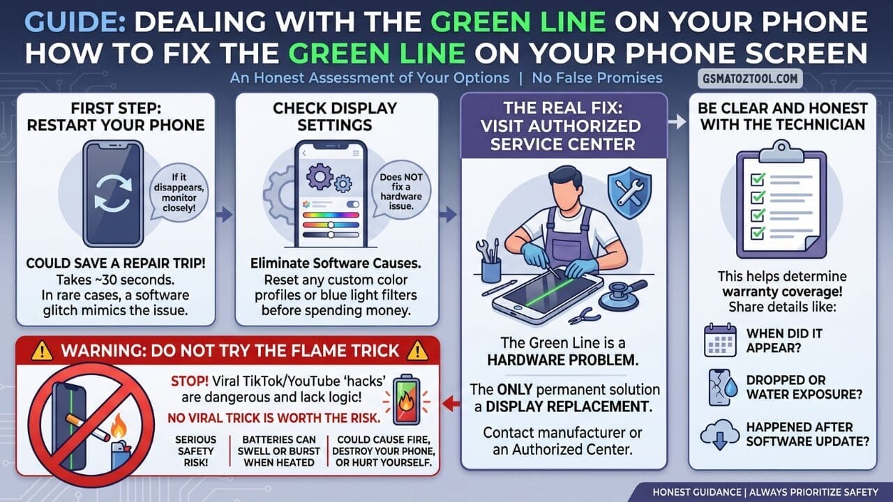Step by step guide to fix green line on phone screen — restart check settings visit service center avoid flame trick