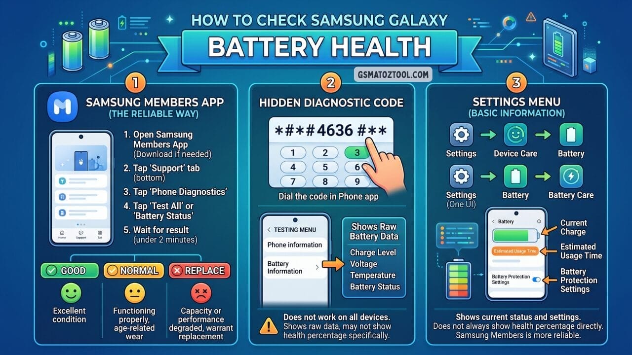 How to check phone battery health on samsung galaxy — three methods shown including samsung members app hidden diagnostic code star hash 4636 and settings menu