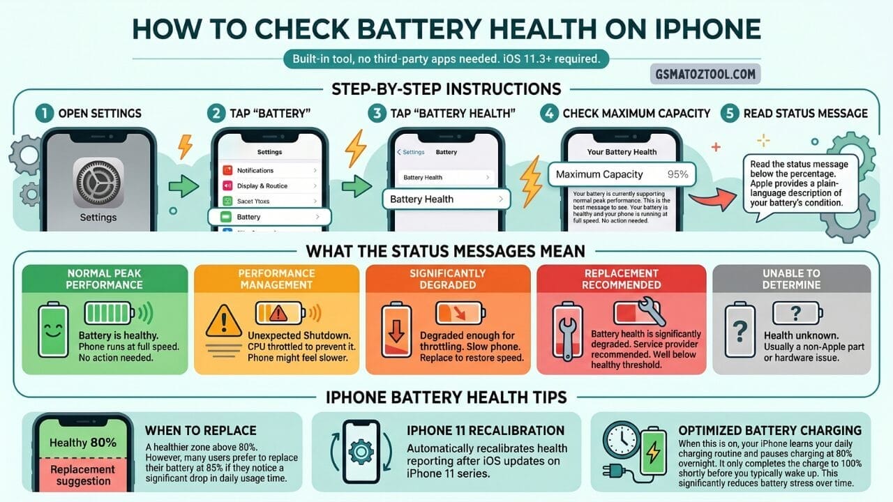 How to check phone battery health on iphone — step by step guide showing settings battery health screen status messages and iphone battery tips