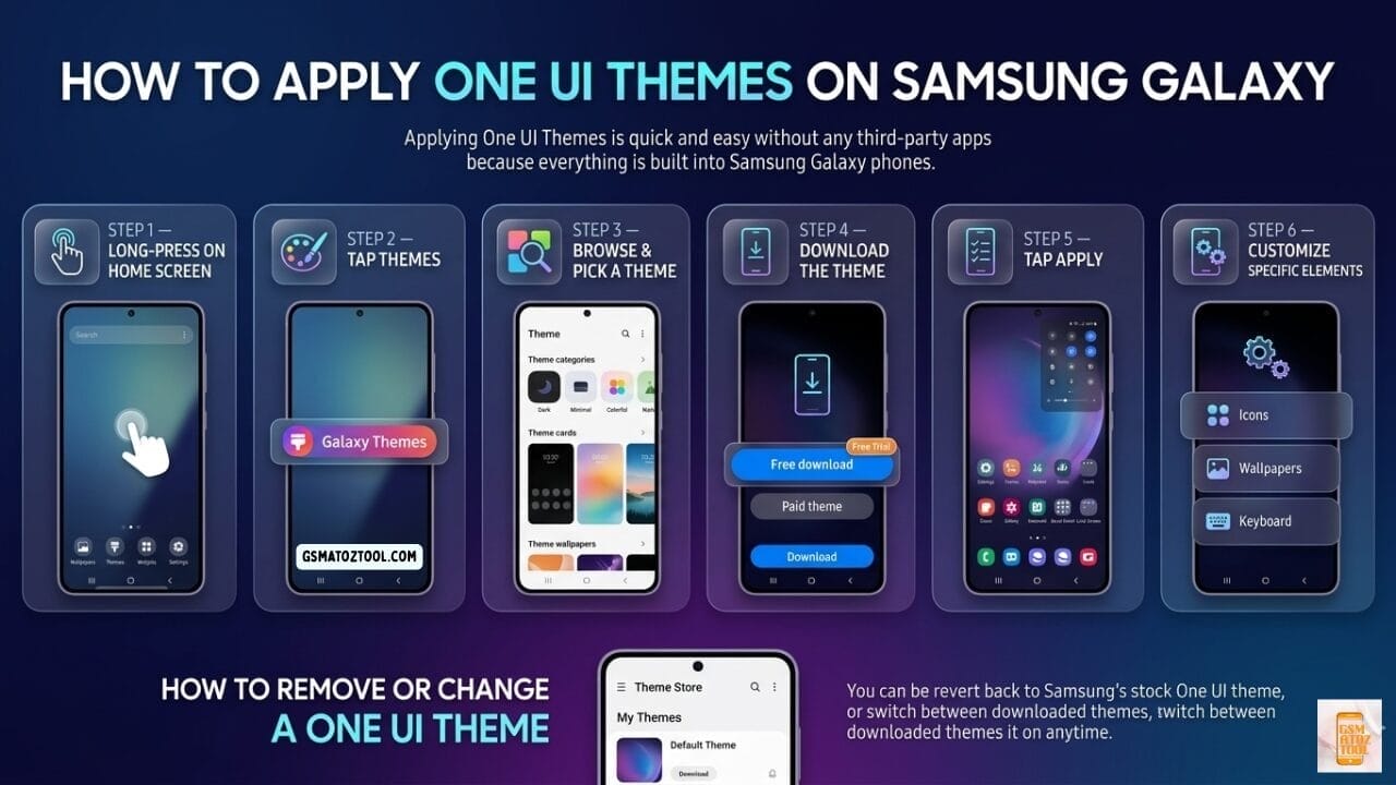 Best one ui themes for samsung galaxy (2026) – free & paid 3 How to apply one ui themes on samsung galaxy - 6 step infographic showing long-press home screen tap themes browse download apply and customize icons wallpaper keyboard