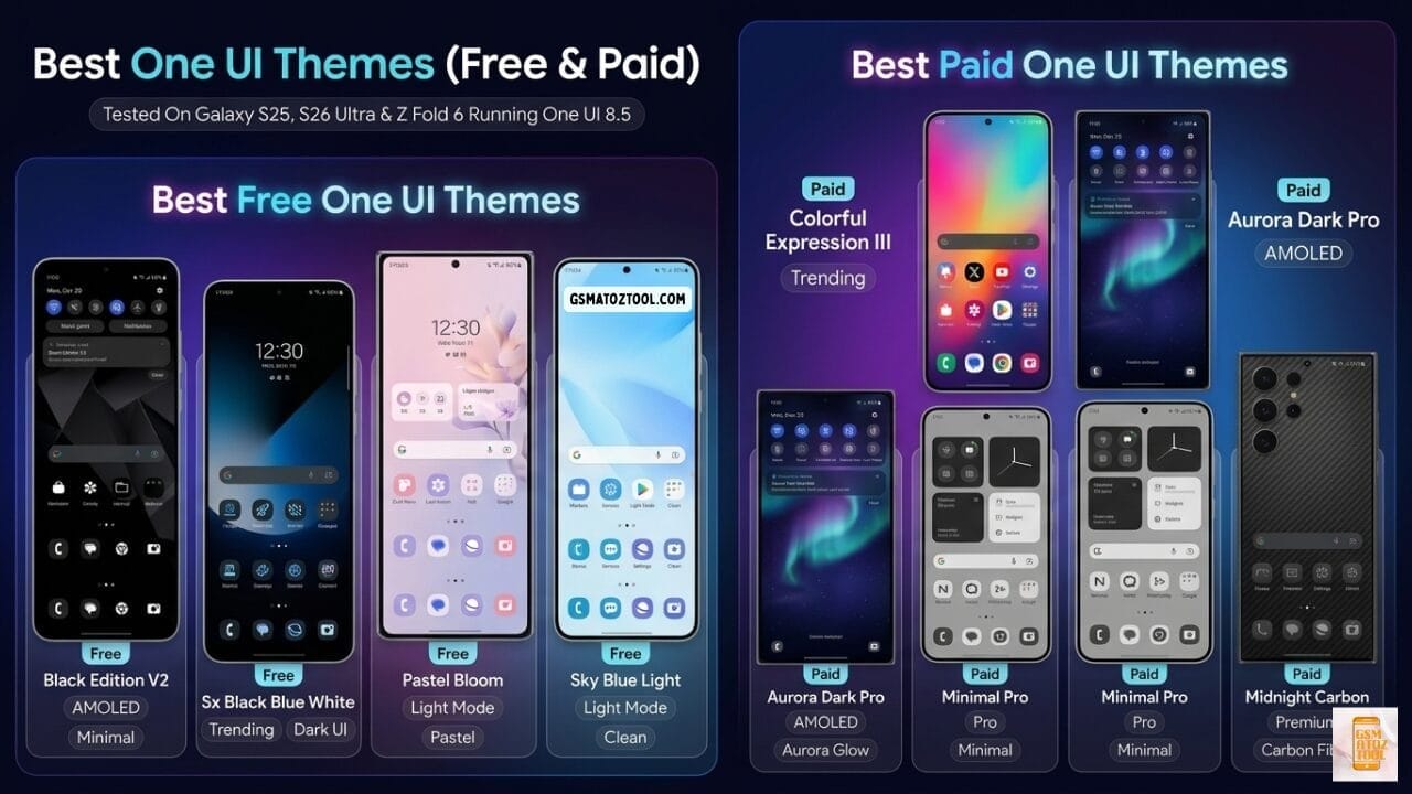 Best one ui themes for samsung galaxy (2026) – free & paid 4 Best one ui themes free and paid for samsung galaxy - showing black edition v2 sx black blue white pastel bloom sky blue light colorful expression iii aurora dark pro minimal pro and midnight carbon themes tested on galaxy s25 s26 ultra z fold 6 one ui 8. 5