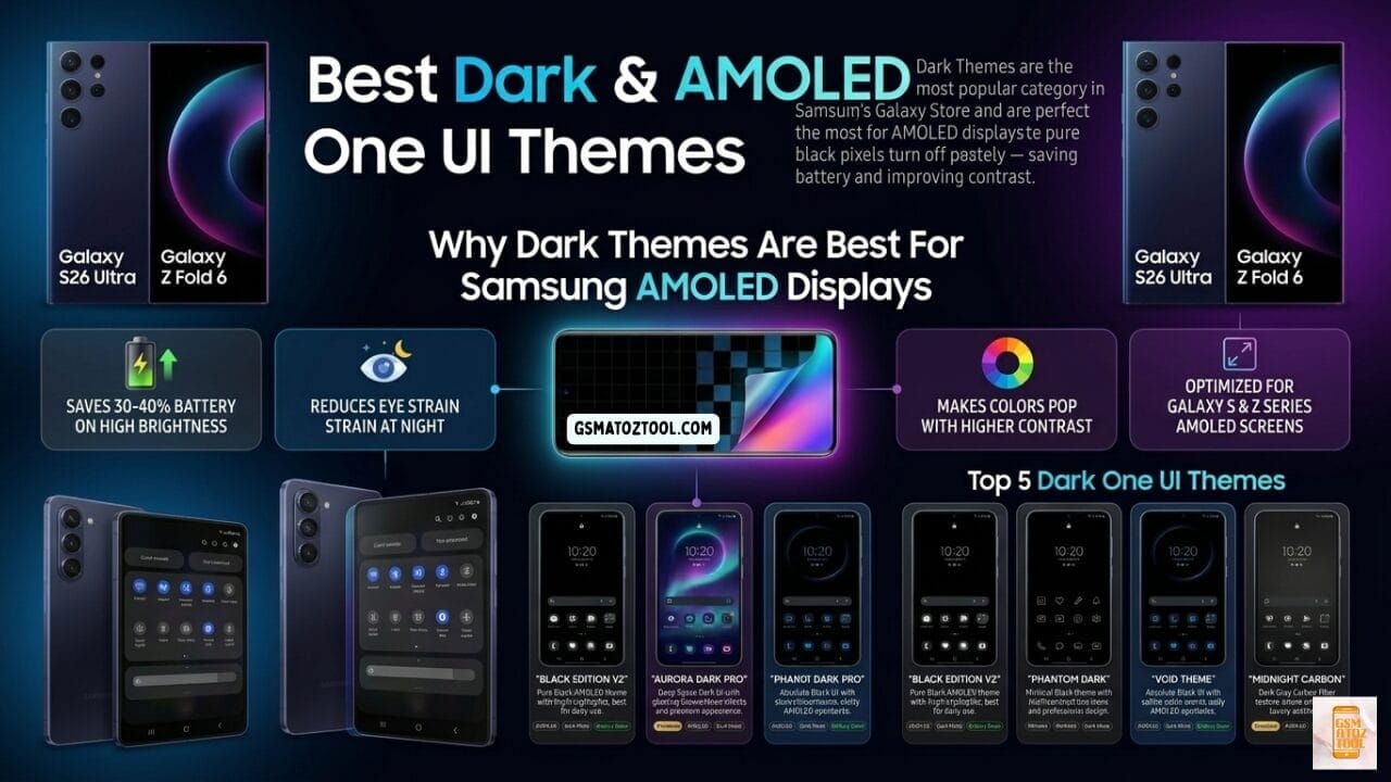 Best one ui themes for samsung galaxy (2026) – free & paid 5 Best dark and amoled one ui themes for samsung galaxy - infographic showing why dark themes save 30-40% battery reduce eye strain and top 5 dark themes including black edition v2 aurora dark pro phantom dark pro void theme and midnight carbon on galaxy s26 ultra and z fold 6