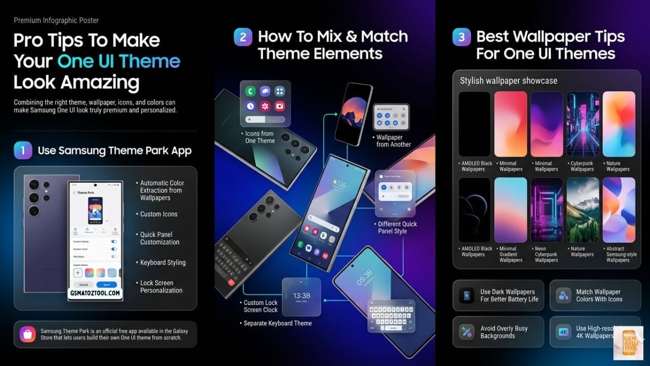 Best one ui themes for samsung galaxy (2026) – free & paid 7 Pro tips to make one ui theme look amazing infographic - showing samsung theme park app with automatic color extraction how to mix and match theme elements like icons wallpaper quick panel keyboard lock screen and best wallpaper tips including amoled black minimal cyberpunk nature and abstract samsung-style wallpapers