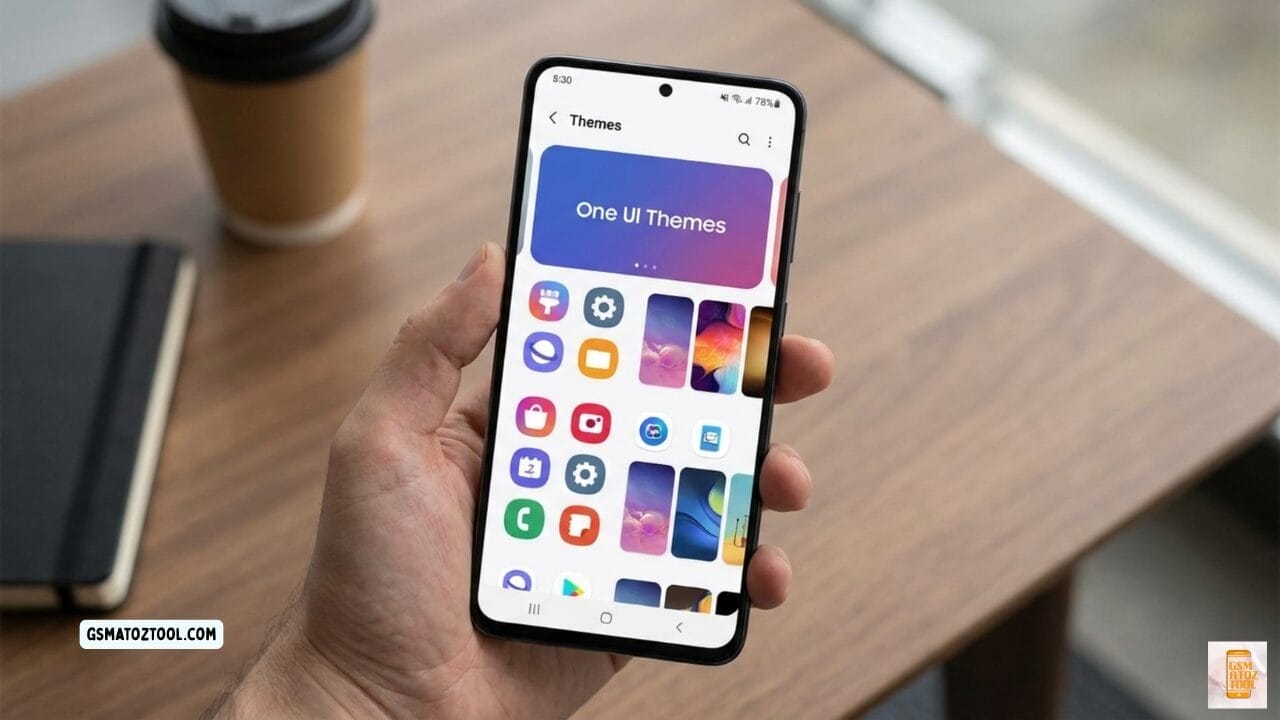 Best one ui themes for samsung galaxy (2026) – free & paid 1 Hand holding samsung galaxy phone showing one ui themes section in galaxy theme store with colorful app icons and theme wallpapers on wooden desk background