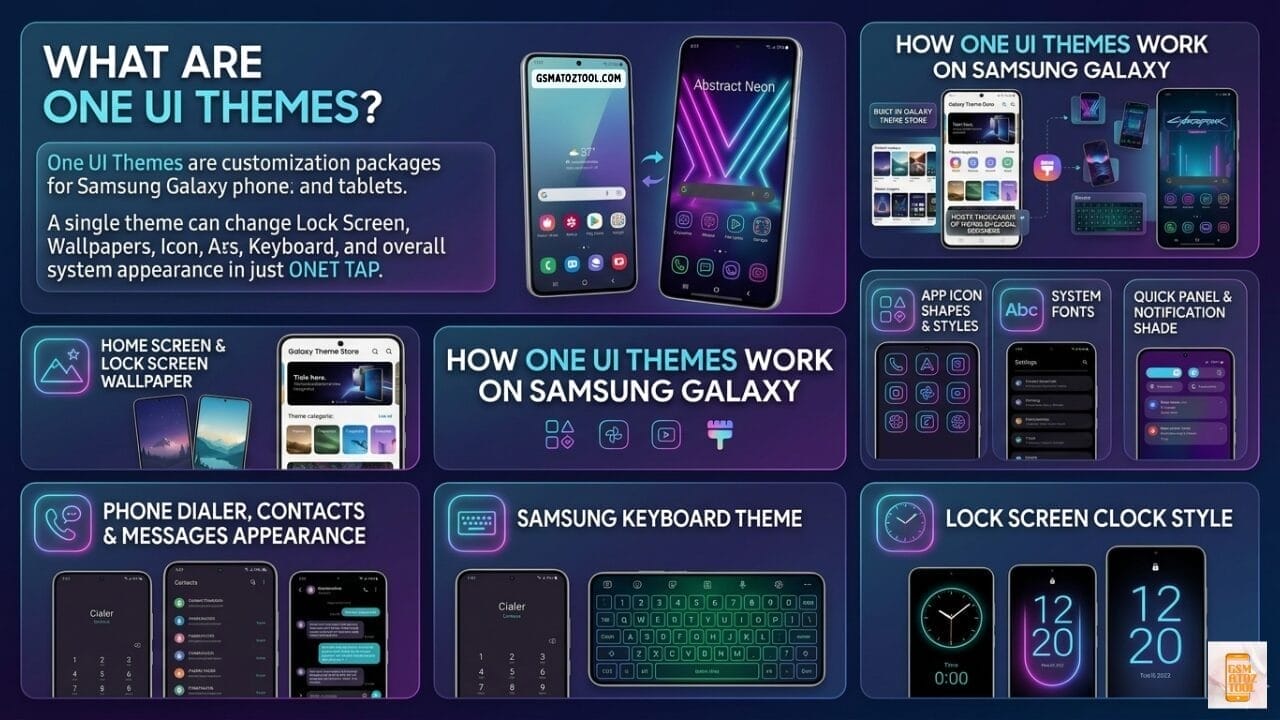 Best one ui themes for samsung galaxy (2026) – free & paid 2 What are one ui themes - samsung galaxy customization infographic showing home screen lock screen keyboard icon styles and quick panel theming