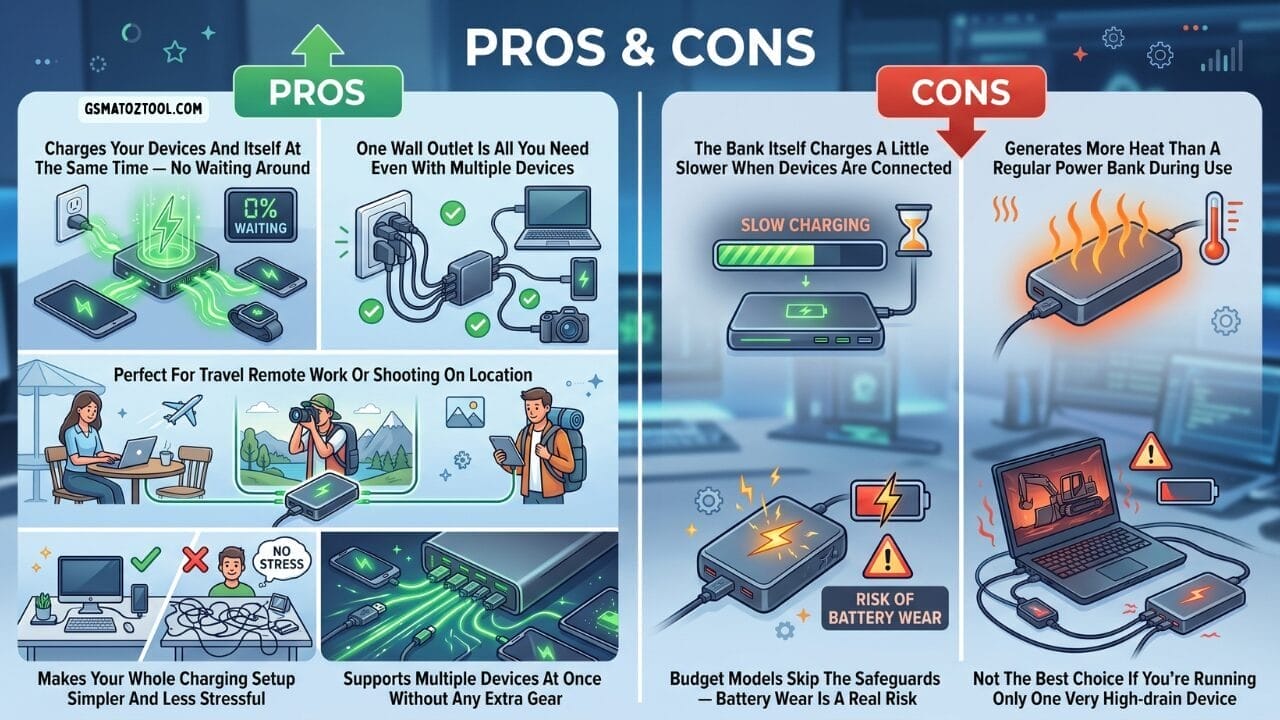 A pros and cons infographic for pass-through charging showing four advantages including simultaneous device charging and single outlet use alongside four disadvantages including slower self-charge speed and increased heat generation.