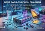 A futuristic next-gen hub pass through charger simultaneously powering multiple devices including smartphones tablets a laptop smartwatch ar glasses and wireless earbuds through pass-through charging technology.
