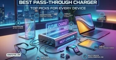 A futuristic next-gen hub pass through charger simultaneously powering multiple devices including smartphones tablets a laptop smartwatch ar glasses and wireless earbuds through pass-through charging technology.