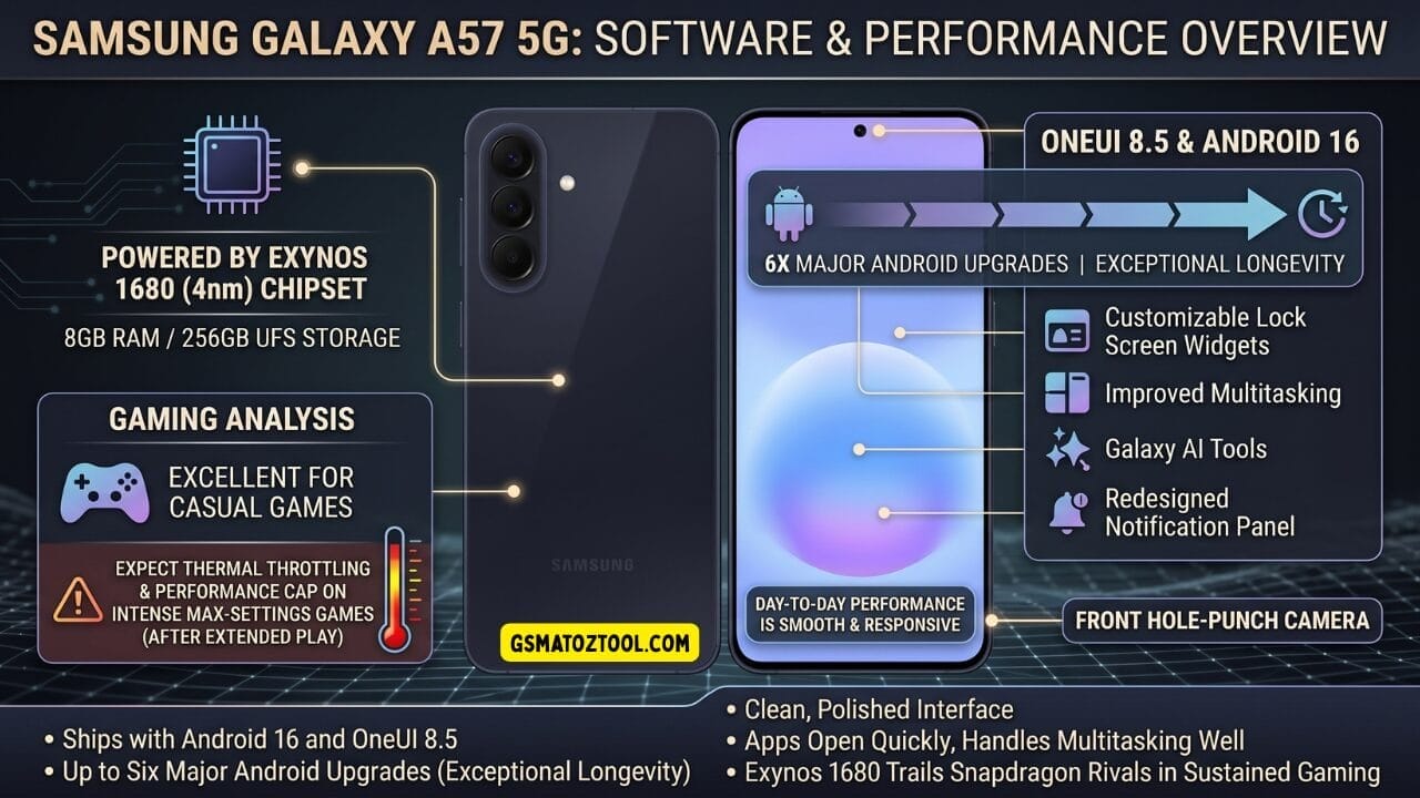 Samsung galaxy a57 5g software and performance infographic showing exynos 1680 4nm chipset with 8gb ram and 256gb ufs storage oneui 8. 5 on android 16 with 6 major android upgrades galaxy ai tools customizable lock screen widgets improved multitasking redesigned notification panel casual gaming capability with thermal throttling warning on max-settings games and smooth day-to-day performance