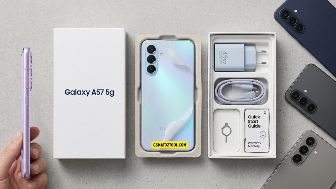 Samsung galaxy a57 5g unboxing showing the phone in icyblue color retail box 45w charger usb-c cable sim ejector tool and quick start guide