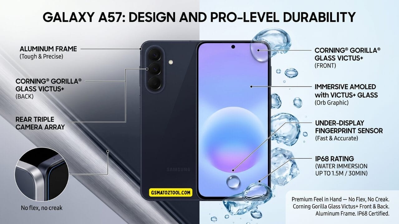 Samsung galaxy a57 design infographic highlighting aluminum frame corning gorilla glass victus+ front and back rear triple camera array under-display fingerprint sensor amoled display and ip68 water resistance rating