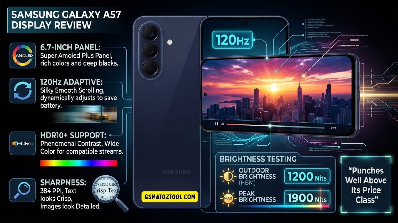 Samsung galaxy a57 display review infographic showing 6. 7-inch super amoled plus panel with 120hz adaptive refresh rate hdr10+ support 384 ppi sharpness 1200 nits outdoor hbm brightness and 1900 nits peak brightness with a vivid cityscape sunset sample on screen