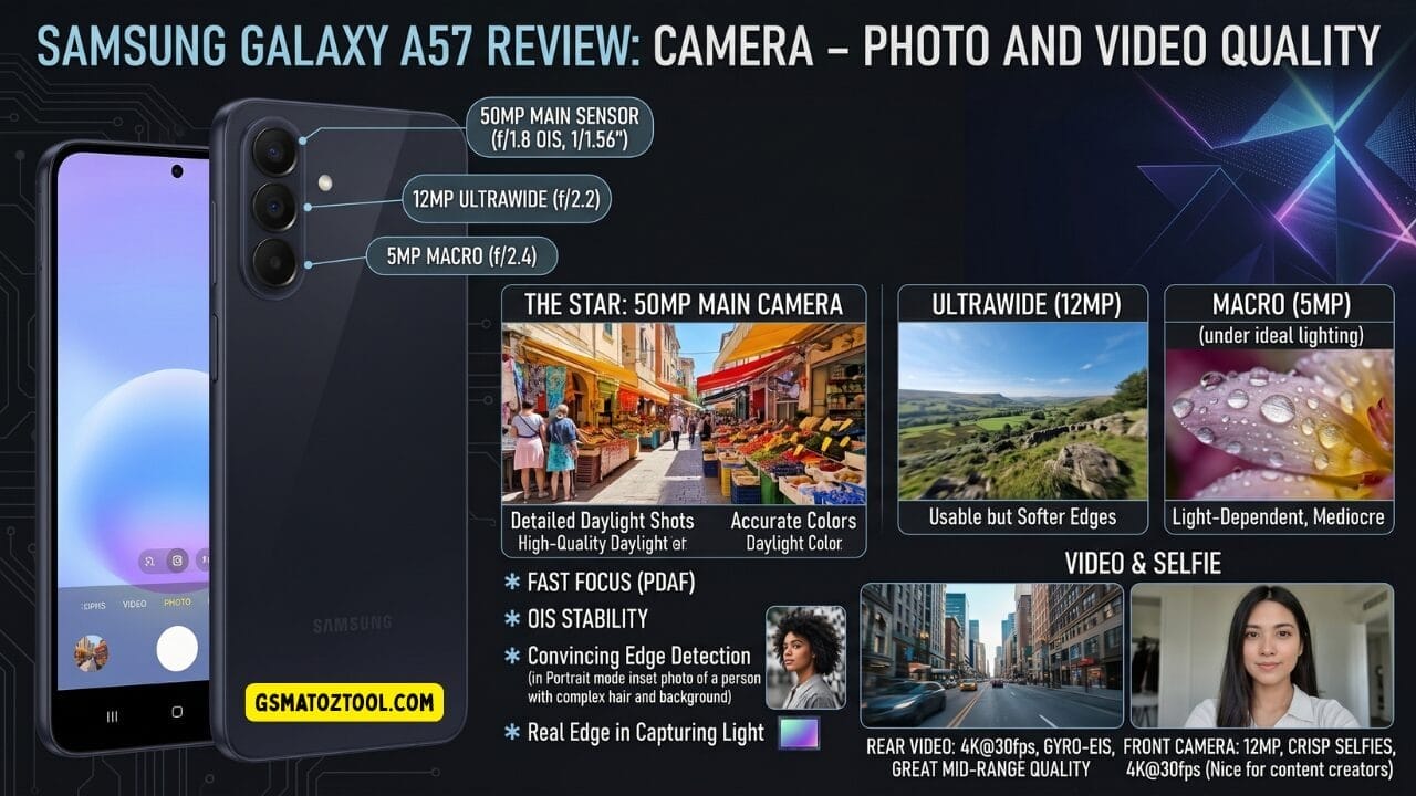 Samsung galaxy a57 review camera infographic showing 50mp f/1. 8 ois main sensor, 12mp f/2. 2 ultrawide, and 5mp f/2. 4 macro lens with sample photos, portrait mode edge detection, 4k rear video with gyro-eis, and 12mp front camera for selfies and content creation