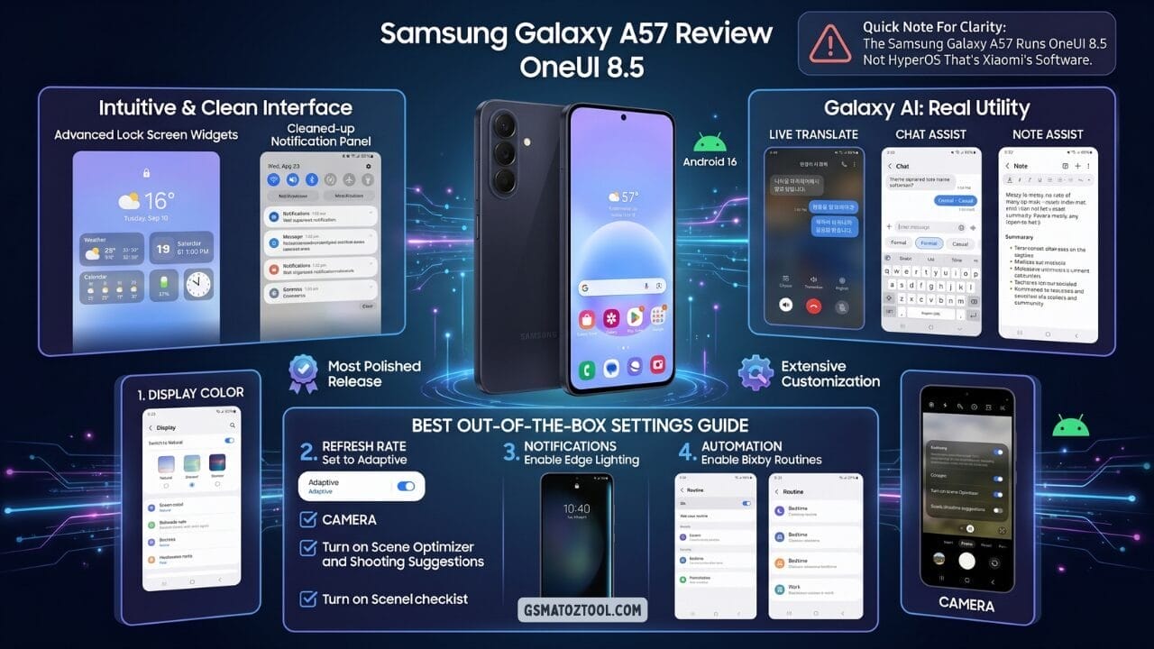 Samsung galaxy a57 review oneui 8. 5 software infographic showing android 16 interface with advanced lock screen widgets cleaned-up notification panel galaxy ai features including live translate chat assist and note assist and a four-step best settings guide covering display color adaptive refresh rate edge lighting notifications and bixby routines automation with camera scene optimizer tips