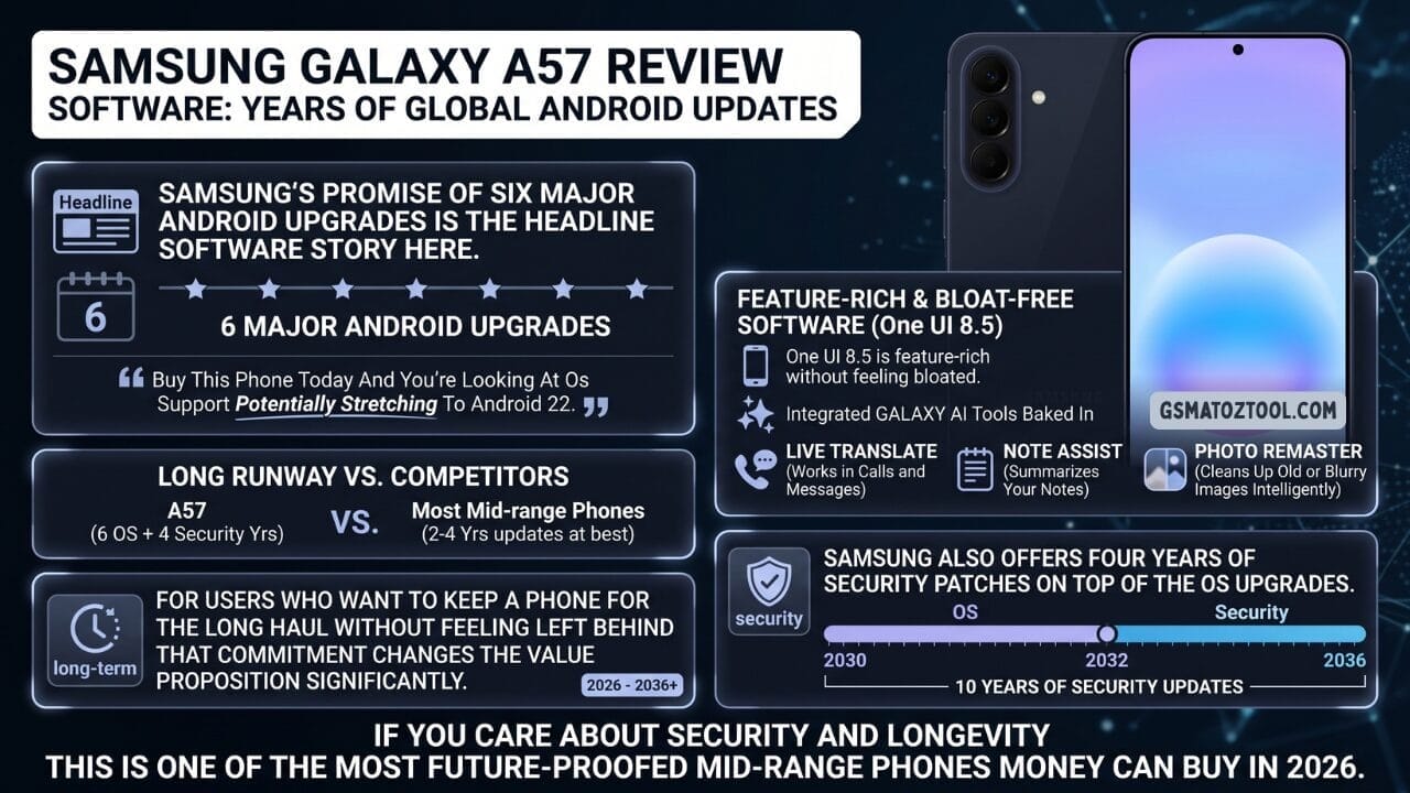 Samsung galaxy a57 review software infographic showing six major android upgrades with os support potentially stretching to android 22 comparison against mid-range rivals offering only two to four years of updates oneui 8. 5 feature-rich and bloat-free with galaxy ai tools including live translate note assist and photo remaster four years of security patches on top of os upgrades totaling ten years of security updates from 2026 to 2036 making it one of the most future-proofed mid-range phones of 2026