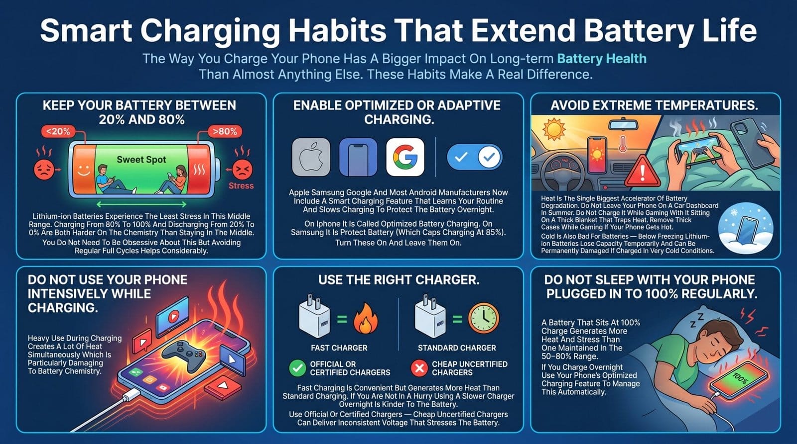 Smart charging habits to extend phone battery life — six tips including keep battery between 20 and 80 percent enable optimized charging avoid extreme temperatures use right charger and avoid sleeping plugged in at 100 percent