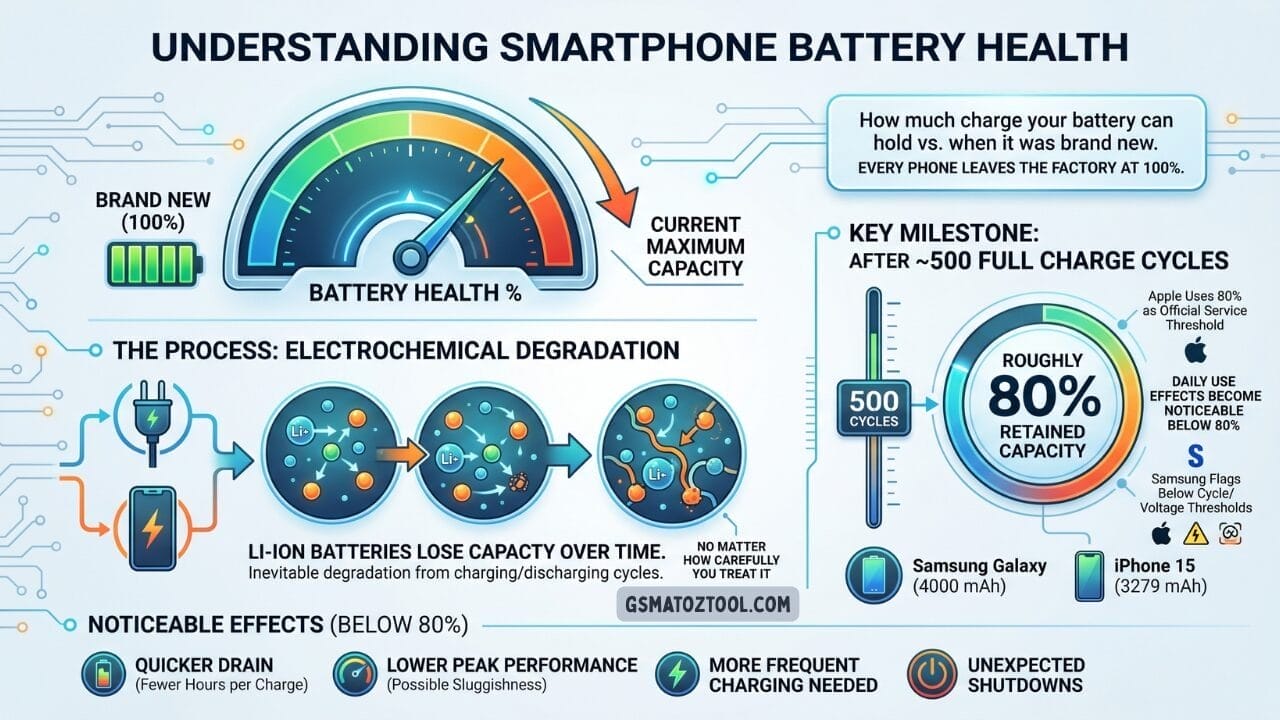 How to check phone battery health — infographic showing battery health percentage electrochemical degradation process and noticeable effects below 80% on iphone and samsung galaxy