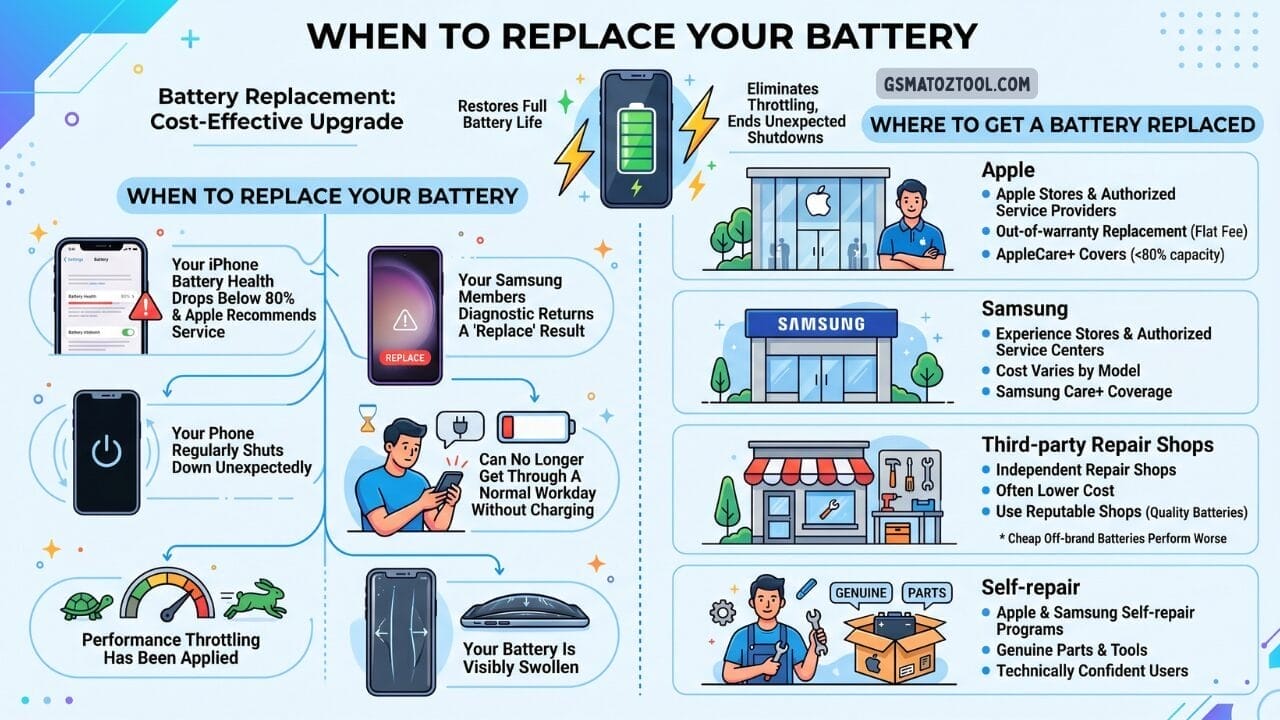 When to replace your phone battery — six replacement triggers including iphone below 80 percent samsung members replace result unexpected shutdowns and four replacement options including apple samsung third-party shops and self-repair