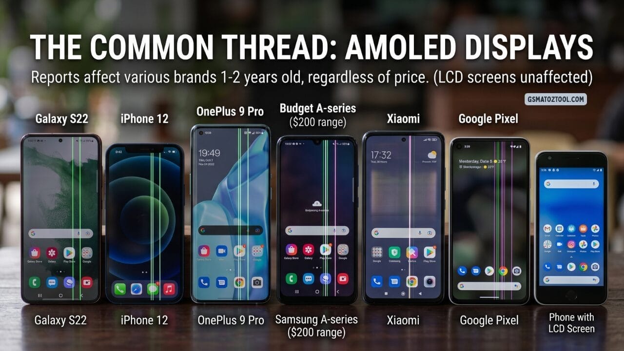 Green line issue on multiple phones including samsung galaxy s22 iphone 12 oneplus 9 pro xiaomi and google pixel — amoled display defect comparison