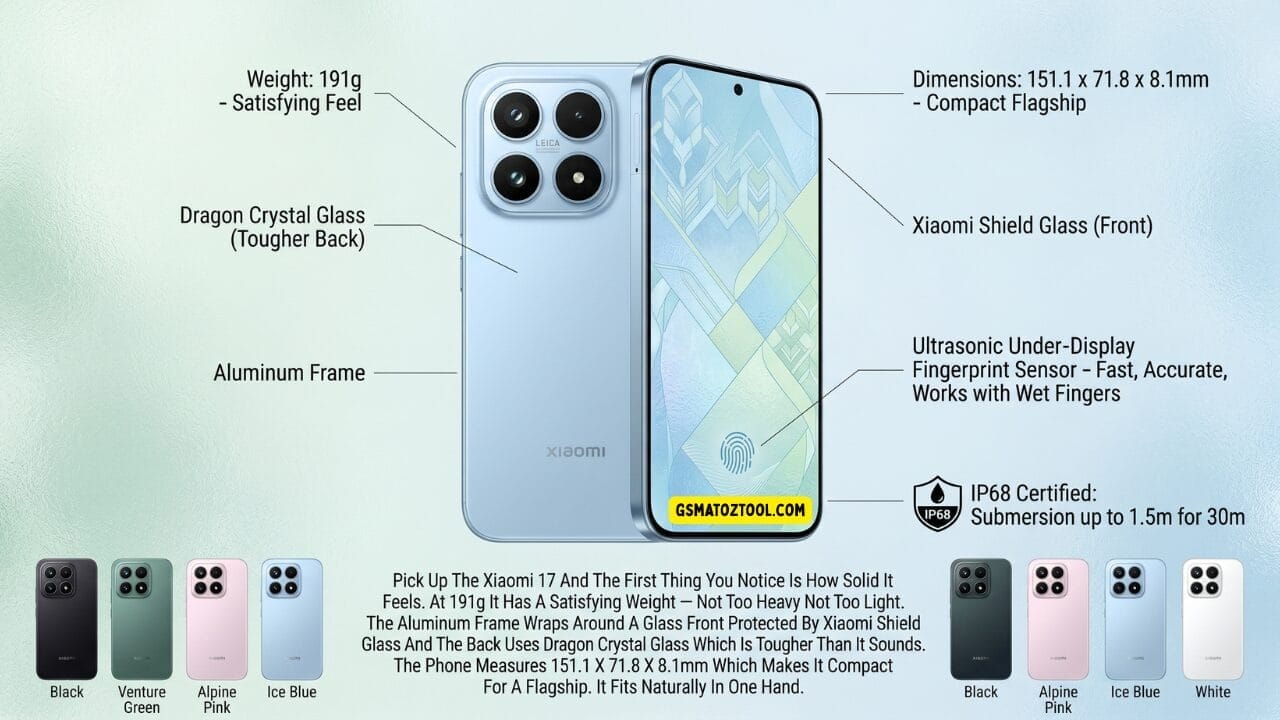 Xiaomi 17 review smartphone design infographic showing front and back views in ice blue with labeled hardware features and available color options.