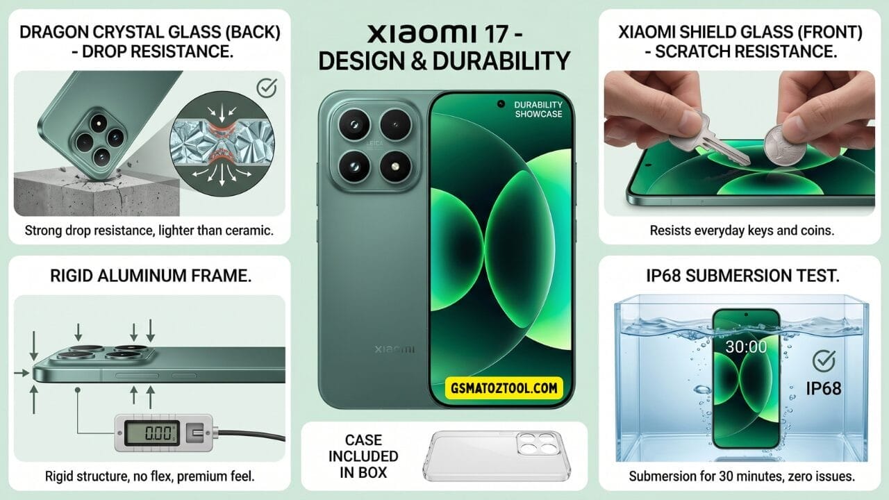 Xiaomi 17 design and durability infographic showcasing four physical stress tests — drop resistance scratch resistance frame rigidity and ip68 submersion — with the phone displayed centrally in venture green.