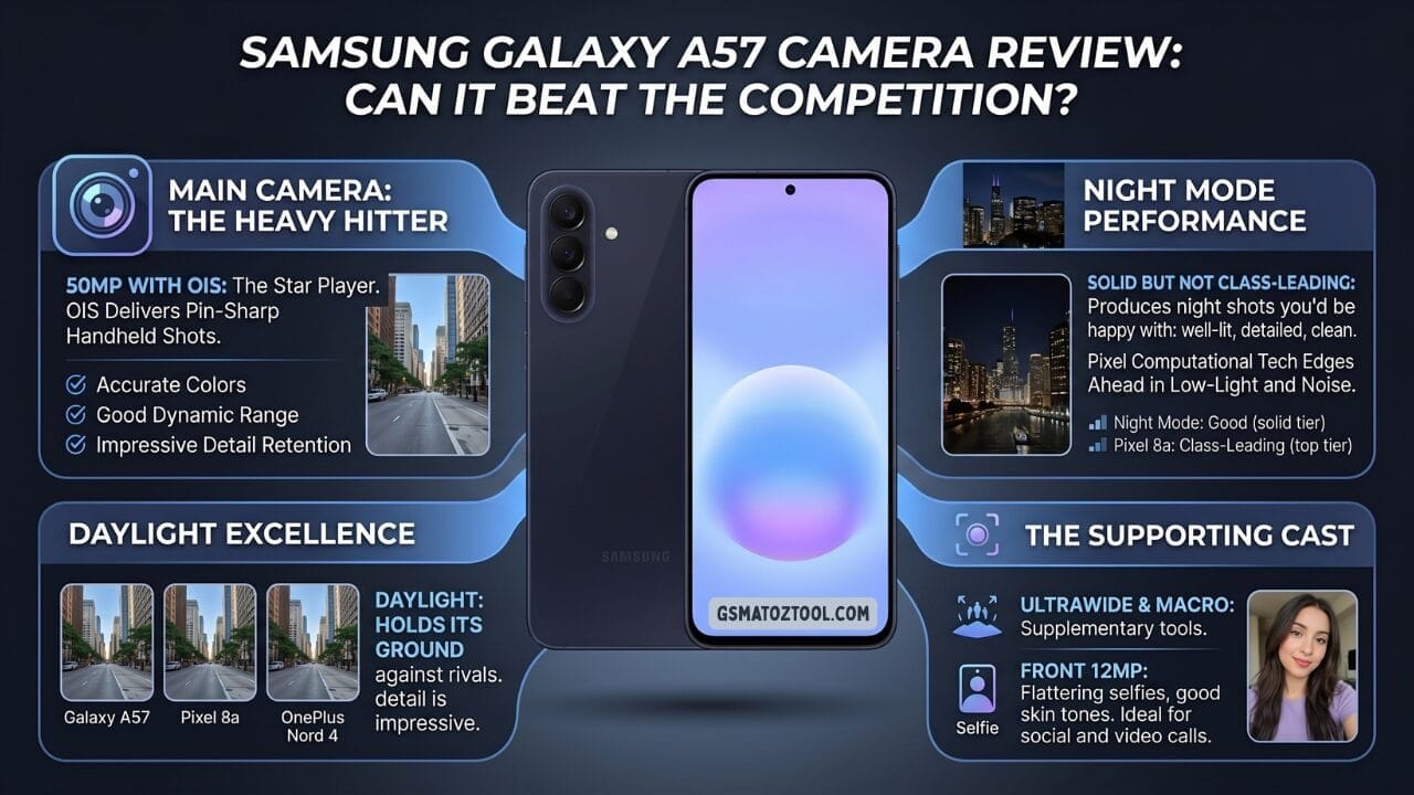 Samsung galaxy a57 camera review infographic comparing daylight photography against pixel 8a and oneplus nord 4 showing 50mp ois main camera strengths night mode rated solid but not class-leading against pixel 8a ultrawide and macro as supplementary tools and 12mp front camera for flattering selfies